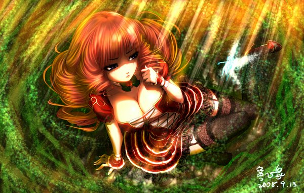 Anime picture 1000x636 with original yasushi shin izumi single long hair breasts light erotic large breasts signed red hair black eyes zettai ryouiki drill hair fairy girl thighhighs dress black thighhighs