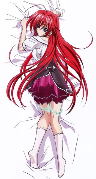 Anime picture 3774x7005 with highschool dxd rias gremory single long hair tall image highres blue eyes light erotic absurdres red hair scan official art panty pull girl skirt uniform underwear panties school uniform socks
