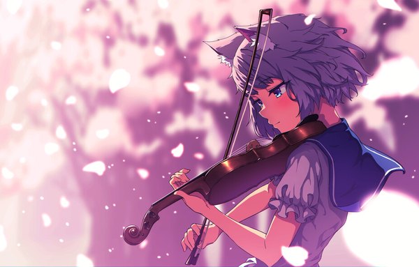 Anime picture 927x591 with original ryuinu single blush fringe short hair blue eyes holding animal ears looking away upper body blunt bangs grey hair cat ears short sleeves cherry blossoms expressionless playing instrument girl petals