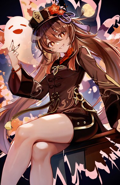 Anime picture 1793x2751 with genshin impact hu tao (genshin impact) boo tao (genshin impact) chen ying (alan-yut) single tall image looking at viewer blush fringe highres smile hair between eyes red eyes brown hair sitting twintails payot long sleeves very long hair nail polish