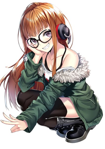 Anime picture 627x885 with persona 5 persona sakura futaba heirou single long hair tall image looking at viewer blush simple background smile brown hair white background purple eyes open jacket girl thighhighs black thighhighs glasses jacket