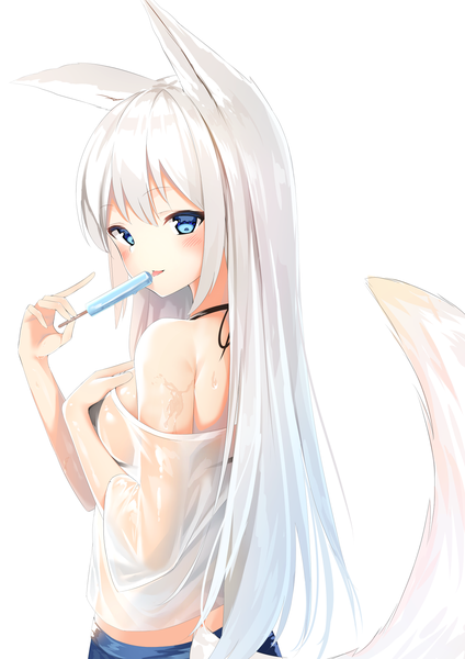 Anime-Bild 1500x2122 mit original kurotobi rarumu single long hair tall image looking at viewer blush fringe breasts blue eyes light erotic simple background smile hair between eyes white background bare shoulders holding animal ears upper body white hair