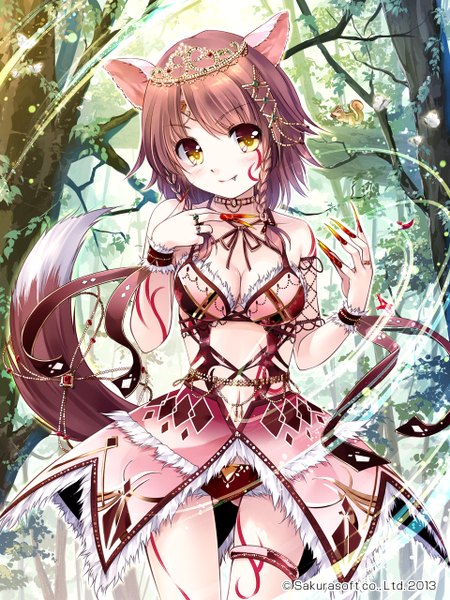 Anime picture 960x1280 with original miyase mahiro single tall image looking at viewer short hair brown hair animal ears yellow eyes tail animal tail girl dress hair ornament plant (plants) animal tree (trees) tiara claws squirrel