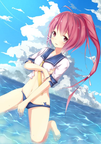 Anime picture 707x1000 with kantai collection i-168 submarine suzuame yatsumi single long hair tall image looking at viewer blush light erotic pink hair sky cloud (clouds) ahoge ponytail parted lips pink eyes wet dutch angle embarrassed kneeling
