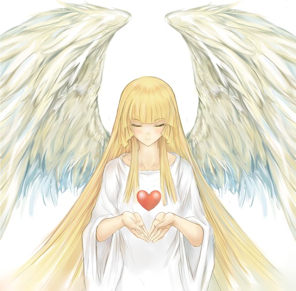 Anime picture 1476x1451 with yu-gi-oh! lancer0519 single long hair blush simple background blonde hair white background eyes closed angel wings girl dress wings heart white dress