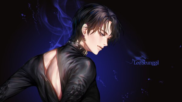 Anime picture 1920x1080 with yuri!!! on ice mappa lee seung-gil 'o'ne (ekdlem1) single highres short hair black hair simple background wide image looking away profile grey eyes wallpaper character names black background bare back aura boy collar