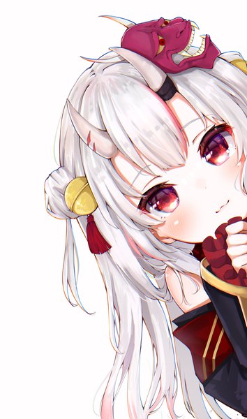 Anime picture 2122x3596 with virtual youtuber hololive nakiri ayame nakiri ayame (1st costume) kohe billialot single long hair tall image looking at viewer blush highres simple background red eyes white background upper body white hair horn (horns) :3 oni horns cute