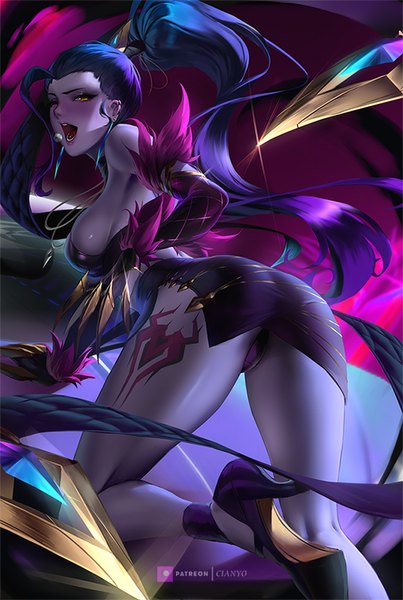 Anime picture 538x800 with league of legends overwatch blizzard entertainment k/da (league of legends) widowmaker (overwatch) evelynn (league of legends) k/da evelynn cian yo single long hair tall image looking at viewer blush breasts open mouth light erotic large breasts signed yellow eyes blue hair