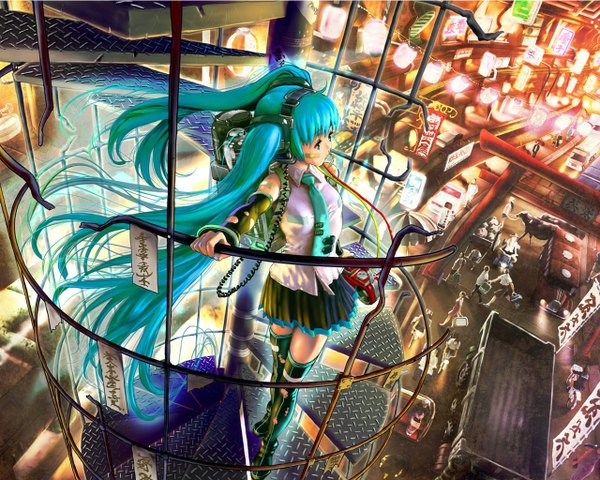 Anime picture 1280x1024 with vocaloid hatsune miku yasumori zen single breasts standing twintails very long hair pleated skirt aqua eyes aqua hair torn clothes city cityscape city lights girl skirt detached sleeves necktie thigh boots