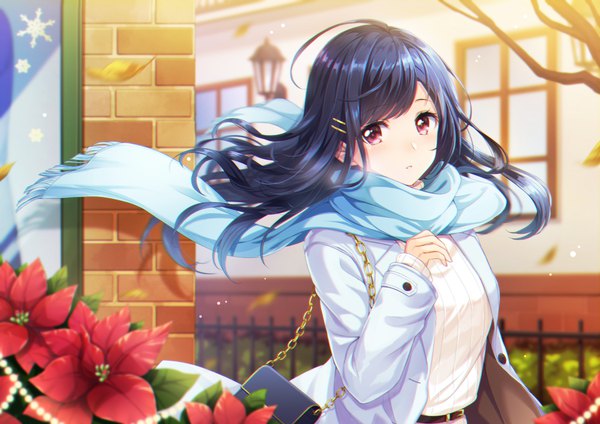 Anime picture 1000x707 with original mono lith single long hair looking at viewer blush fringe breasts red eyes blue hair upper body outdoors long sleeves wind blurry open jacket depth of field bare tree brick wall girl