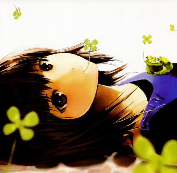 Anime picture 2405x2354 with original nauribon single looking at viewer highres short hair brown eyes girl frog clover (plant)