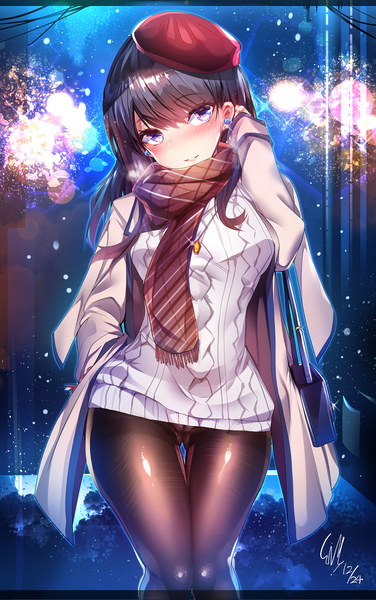 Anime picture 815x1300 with gridman universe ssss.gridman studio trigger takarada rikka silly (marinkomoe) single long hair tall image looking at viewer blush fringe blue eyes light erotic black hair hair between eyes standing signed outdoors parted lips head tilt