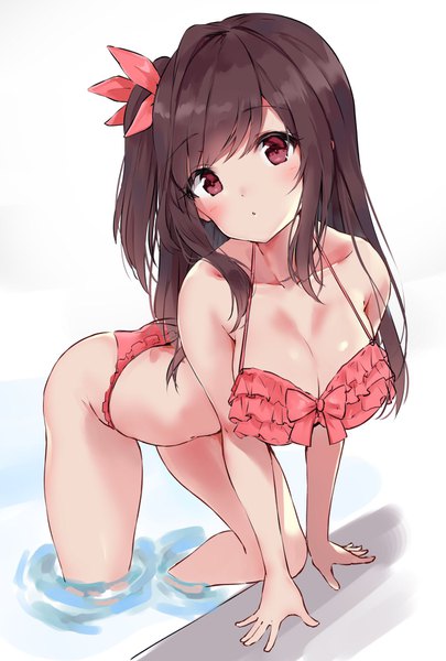 Anime picture 1140x1686 with idolmaster idolmaster shiny colors tsukioka kogane minikon single long hair tall image blush breasts light erotic simple background red eyes brown hair large breasts white background bare shoulders payot looking away cleavage bent knee (knees)