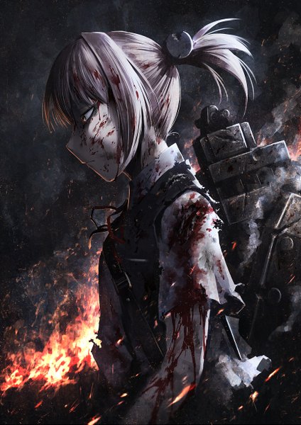 Anime picture 867x1227 with kantai collection shiranui destroyer hetza (hellshock) single tall image fringe brown hair yellow eyes ponytail profile smoke blood on face injury deep wound girl bow weapon gun blood fire