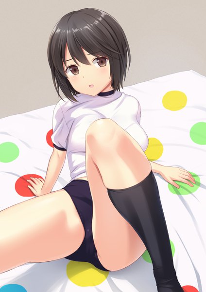 Anime picture 1000x1414 with original n.g. single tall image looking at viewer blush fringe short hair breasts open mouth light erotic black hair simple background hair between eyes sitting brown eyes arm support :o short sleeves girl