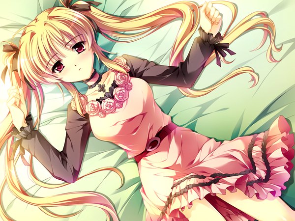 Anime picture 1024x768 with damatte watashi no muko ni nare! long hair blonde hair red eyes twintails game cg lying girl belt