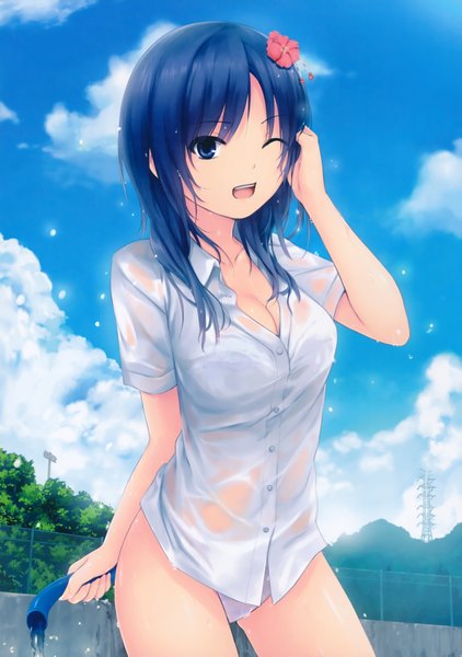 Anime picture 4922x6996 with original aoyama sumika coffee-kizoku single long hair tall image highres open mouth blue eyes light erotic blue hair absurdres sky cleavage :d one eye closed hair flower wink scan wet