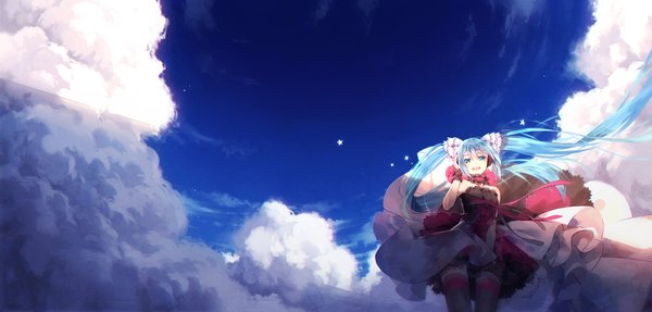 Anime picture 2293x1100 with 7th dragon 7th dragon 2020 vocaloid hatsune miku hakusai (tiahszld) single looking at viewer fringe highres open mouth blue eyes smile hair between eyes wide image standing twintails payot blue hair sky cloud (clouds)