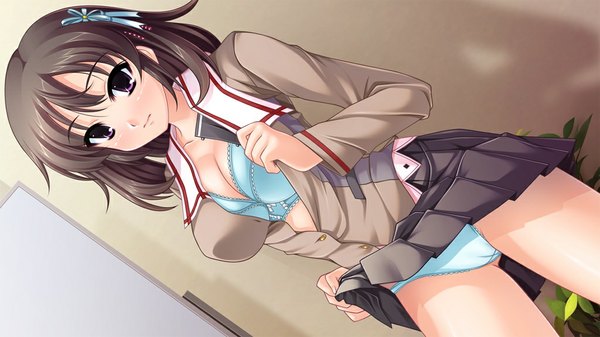 Anime picture 1024x576 with manbiki, dame. zettai! (game) light erotic brown hair wide image purple eyes game cg girl underwear panties serafuku