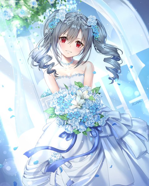 Anime picture 700x877 with idolmaster idolmaster cinderella girls idolmaster cinderella girls starlight stage kanzaki ranko roang single long hair tall image looking at viewer blush fringe breasts smile hair between eyes red eyes standing twintails bare shoulders holding signed