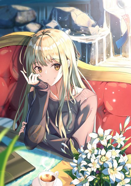 Anime picture 1300x1838 with original mobu (wddtfy61) single long hair tall image fringe blonde hair smile sitting yellow eyes payot looking away blunt bangs blurry lens flare sleeves past wrists chin rest hand on cheek girl flower (flowers)