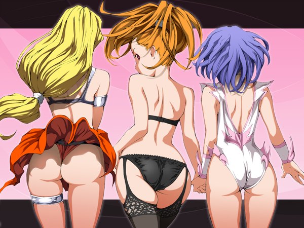 Anime picture 1600x1200 with dragon quest dragon quest vi barbara (dq6) mireyu tania (dq6) masayan (minor-ms) long hair short hair light erotic blonde hair red eyes multiple girls blue hair ass ponytail looking back from behind orange hair back girl
