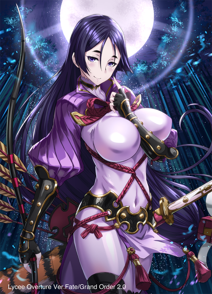 Anime picture 800x1107 with fate (series) fate/grand order minamoto no raikou (fate) sakiyamama single tall image looking at viewer blush fringe breasts light erotic smile hair between eyes standing purple eyes holding payot purple hair outdoors very long hair