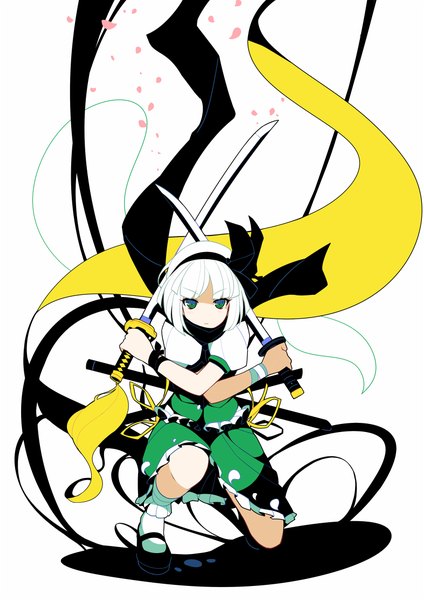 Anime picture 786x1111 with touhou konpaku youmu myon ideolo single tall image fringe short hair simple background white background green eyes white hair squat crossed swords girl skirt bow weapon hair bow petals