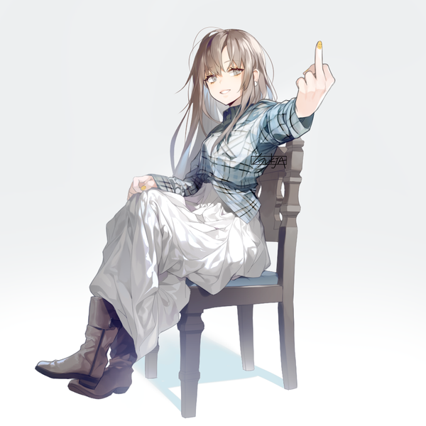 Anime picture 1000x1000 with original sorolp single long hair looking at viewer fringe simple background smile brown hair sitting signed full body nail polish grey background shadow crossed legs outstretched arm silver eyes plaid middle finger