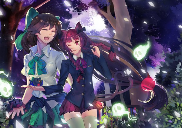 Anime picture 2508x1773 with touhou reiuji utsuho kaenbyou rin kaenbyou rin (cat) reiuji utsuho (bird) tsubasa19900920 long hair highres open mouth brown hair twintails purple eyes multiple girls animal ears looking away sky purple hair outdoors tail braid (braids)