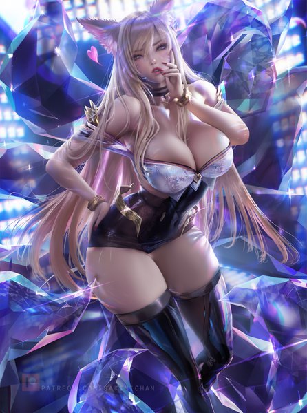 Anime-Bild 2601x3500 mit league of legends k/da (league of legends) ahri (league of legends) k/da ahri sakimichan single long hair tall image looking at viewer blush fringe highres breasts light erotic blonde hair hair between eyes large breasts standing bare shoulders signed