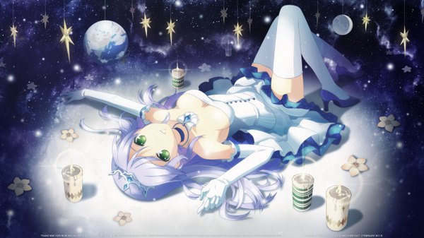 Anime picture 2560x1440 with yoake mae yori ruri iro na august soft feena fam earthlight h2so4 valuna single long hair looking at viewer highres breasts wide image green eyes blue hair purple hair lying parted lips on back high heels third-party edit girl