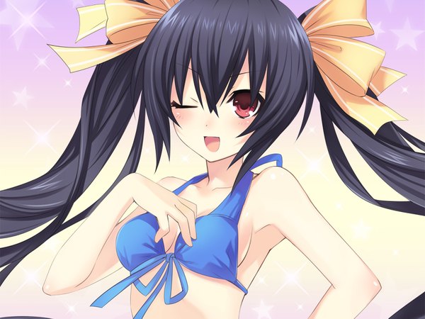 Anime picture 1500x1125 with choujigen game neptune hyperdimension neptunia mk2 noire tsunako single long hair blush open mouth light erotic black hair red eyes twintails bare shoulders game cg one eye closed wink official art girl hair ornament ribbon (ribbons)