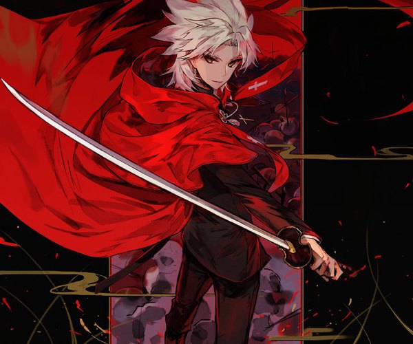Anime picture 900x751 with fate (series) fate/apocrypha amakusa shirou (fate) mo (mocopo) single looking at viewer short hair standing brown eyes white hair light smile fighting stance spiked hair boy weapon sword katana hood cape cross