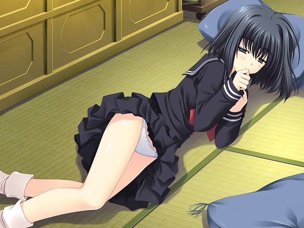 Anime picture 1200x900 with oretachi ni tsubasa wa nai haneda kobato blue eyes light erotic black hair game cg pantyshot skirt lift girl underwear panties serafuku pillow