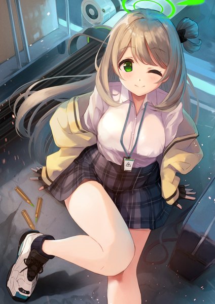 Anime picture 981x1387 with blue archive nonomi (blue archive) cowengium single long hair tall image looking at viewer blush smile brown hair green eyes pleated skirt one eye closed arm support bare legs hair bun (hair buns) plaid skirt girl skirt gloves