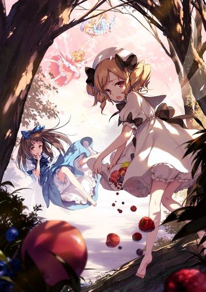 Anime picture 1158x1638 with touhou star sapphire luna child sunny milk clownpiece ke-ta long hair tall image looking at viewer fringe short hair open mouth blonde hair smile red eyes brown hair twintails multiple girls holding yellow eyes