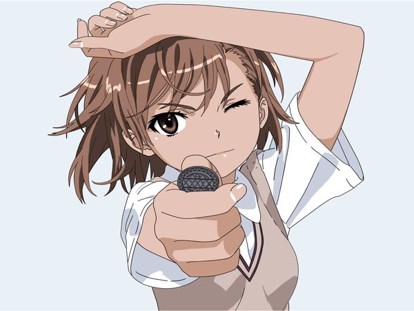 Anime picture 1200x900 with to aru kagaku no railgun j.c. staff misaka mikoto single looking at viewer short hair simple background brown hair white background brown eyes one eye closed wink vector girl uniform school uniform vest coin (coins)