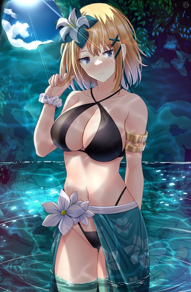 Anime-Bild 2625x4000 mit solo leveling a-1 pictures cha hae-in helvetica std single tall image blush fringe highres short hair breasts light erotic blonde hair large breasts standing looking away sky cloud (clouds) hair flower sunlight