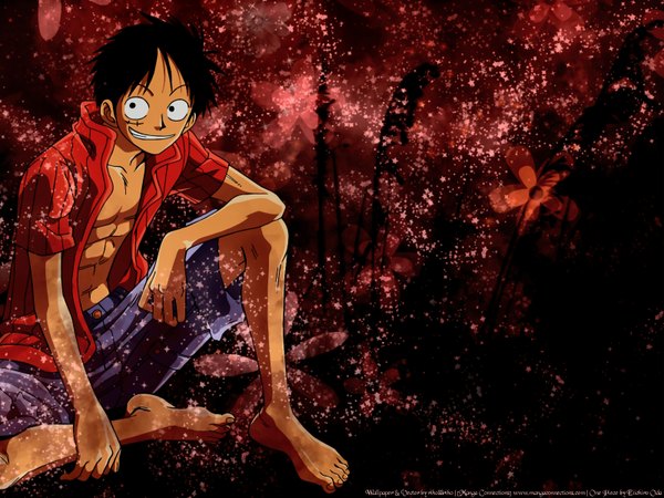 Anime picture 1600x1200 with one piece toei animation monkey d. luffy single fringe short hair black hair smile signed looking away barefoot open jacket copyright name grin scar muscle abs reversed boy jacket