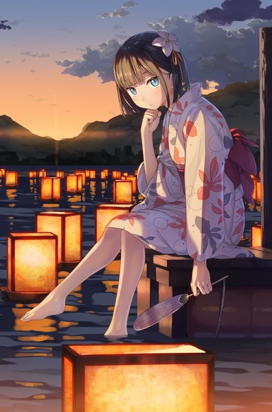 Anime-Bild 2465x3730 mit original kantoku single tall image looking at viewer blush fringe highres short hair blue eyes black hair sky cloud (clouds) outdoors blunt bangs traditional clothes japanese clothes barefoot hair flower evening