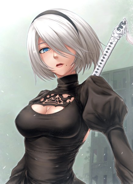 Anime picture 870x1200 with nier nier:automata yorha no. 2 type b kobapyon single tall image blush fringe short hair breasts open mouth blue eyes cleavage silver hair upper body hair over one eye mole cleavage cutout mole under mouth girl