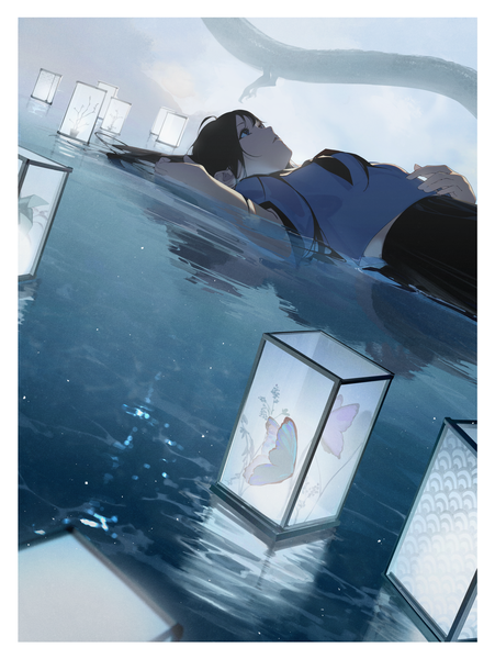 Anime picture 4138x5504 with original oekaki taro single long hair tall image fringe highres open mouth black hair absurdres lying on back grey eyes dutch angle partially submerged border reflection looking up fantasy girl