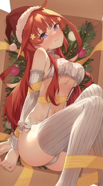Anime picture 2500x4500 with go-toubun no hanayome nakano itsuki profnote single long hair tall image highres breasts blue eyes light erotic ahoge red hair underboob christmas hands behind back in container in box girl thighhighs hair ornament
