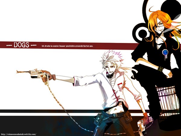 Anime picture 1024x768 with dogs: bullets & carnage david production haine rammsteiner badou nails long hair short hair white background sitting signed white hair orange hair inscription open collar shirt lift smoking spiked hair boy gloves weapon earrings