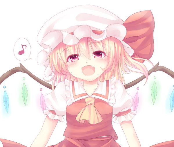 Anime picture 1600x1350 with touhou flandre scarlet nagare yoshimi single blush short hair open mouth simple background blonde hair white background pink eyes teeth fang (fangs) girl dress wings bonnet crystal
