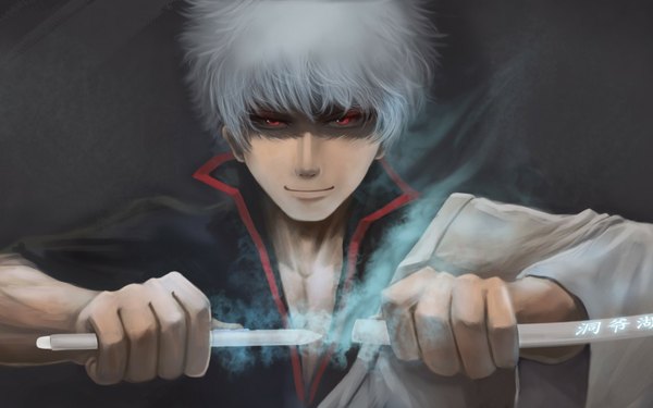 Anime picture 1680x1050 with gintama sunrise (studio) sakata gintoki dantemur single looking at viewer short hair simple background red eyes silver hair traditional clothes japanese clothes light smile wallpaper hieroglyph dark background partially open clothes boy sheath
