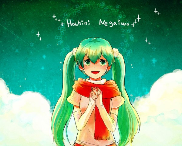 Anime picture 1280x1024 with vocaloid hatsune miku remi (pixiv781025) single long hair looking at viewer fringe open mouth hair between eyes twintails green eyes upper body green hair hands clasped interlocked fingers girl scarf red scarf