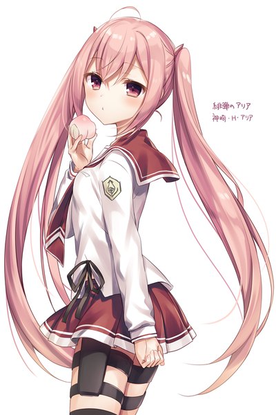 Anime picture 1040x1560 with hidan no aria kanzaki h aria komeshiro kasu single long hair tall image blush fringe simple background hair between eyes white background twintails payot pink hair ahoge pink eyes character names arm behind back girl uniform