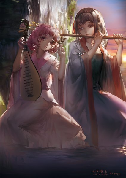 Anime picture 1240x1754 with mahou shoujo madoka magica shaft (studio) akemi homura kaname madoka blackrabbitsoul long hair tall image fringe short hair black hair red eyes sitting multiple girls holding signed looking away pink hair sky cloud (clouds) traditional clothes